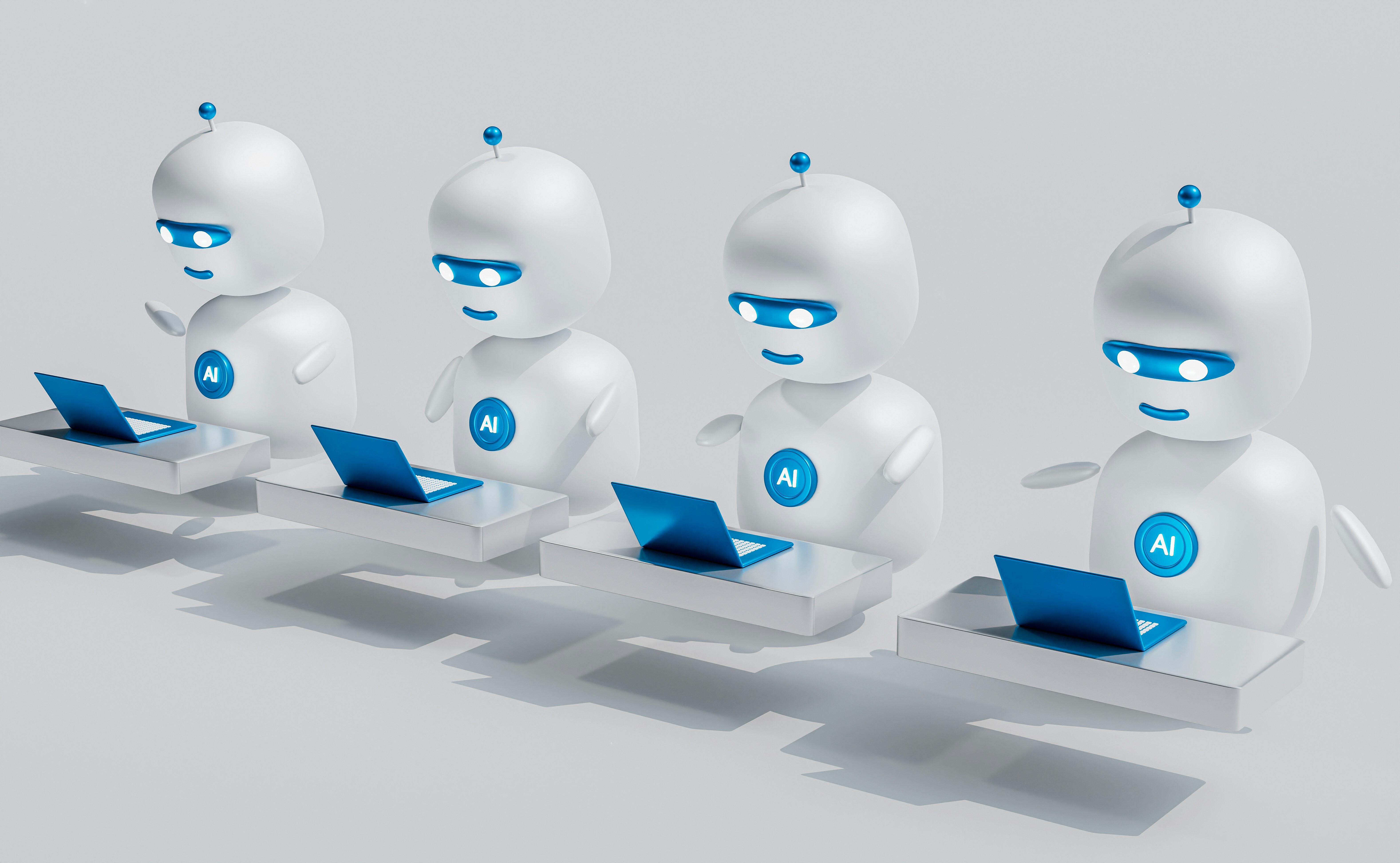 Row of cartoon-style AI robots working on laptops, symbolising automation and artificial intelligence in the modern digital workplace.