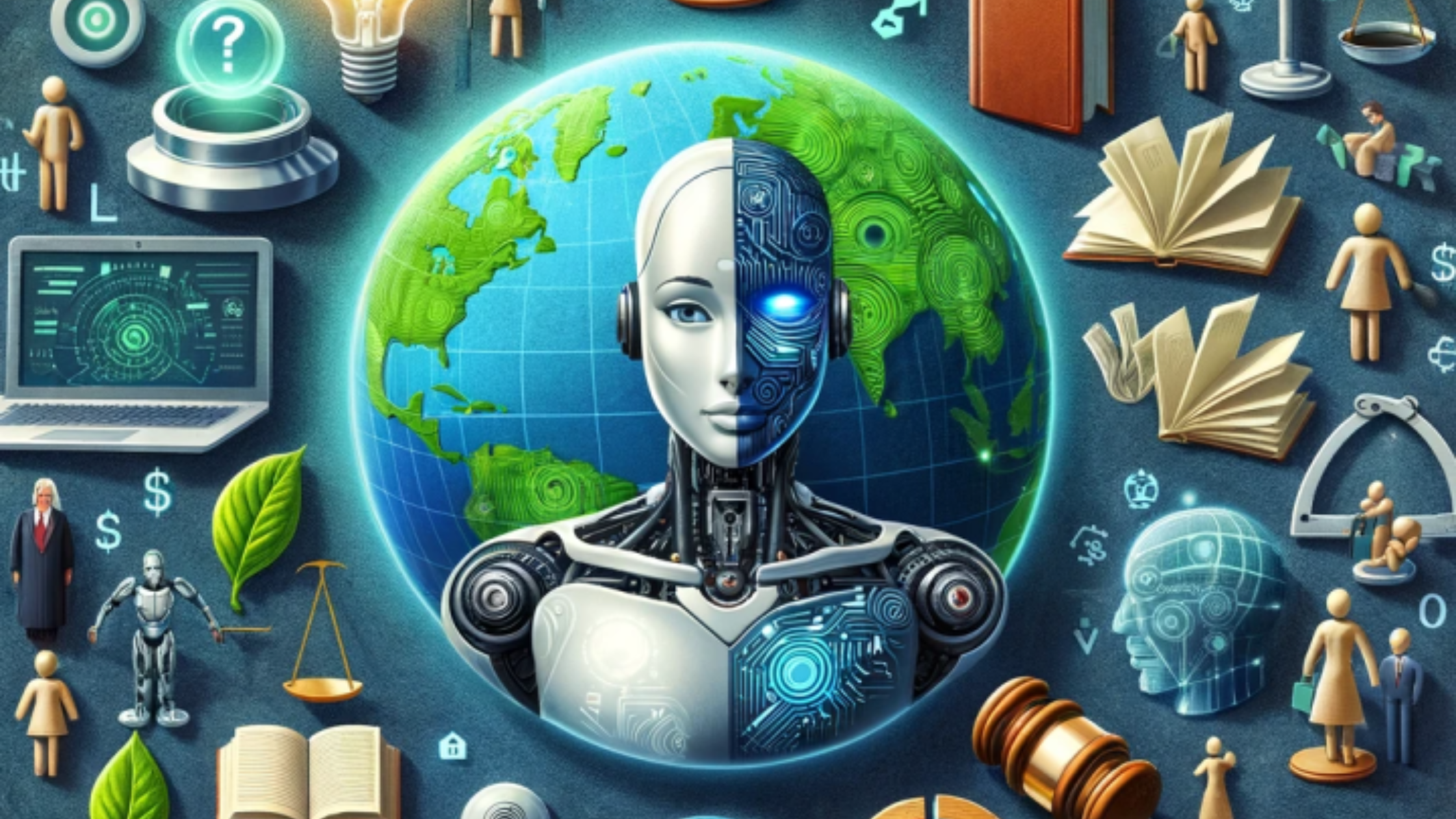 AI-powered robot standing in front of a digital globe, surrounded by icons representing education, law, technology, sustainability, health, and global development, symbolising artificial intelligence solving complex global challenges.