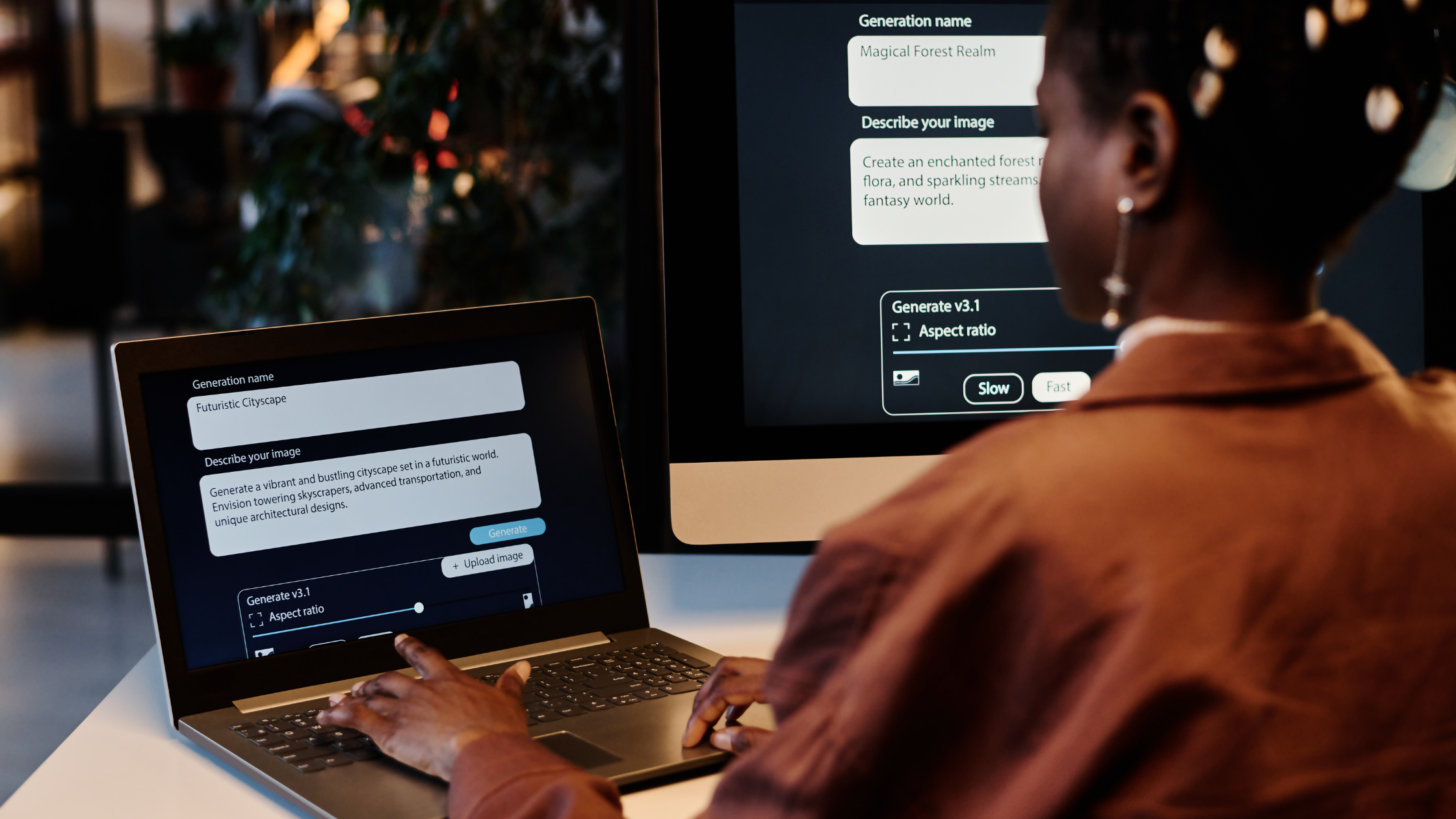 Person using AI generation tools on laptop and desktop, illustrating the complexity of managing multiple AI apps