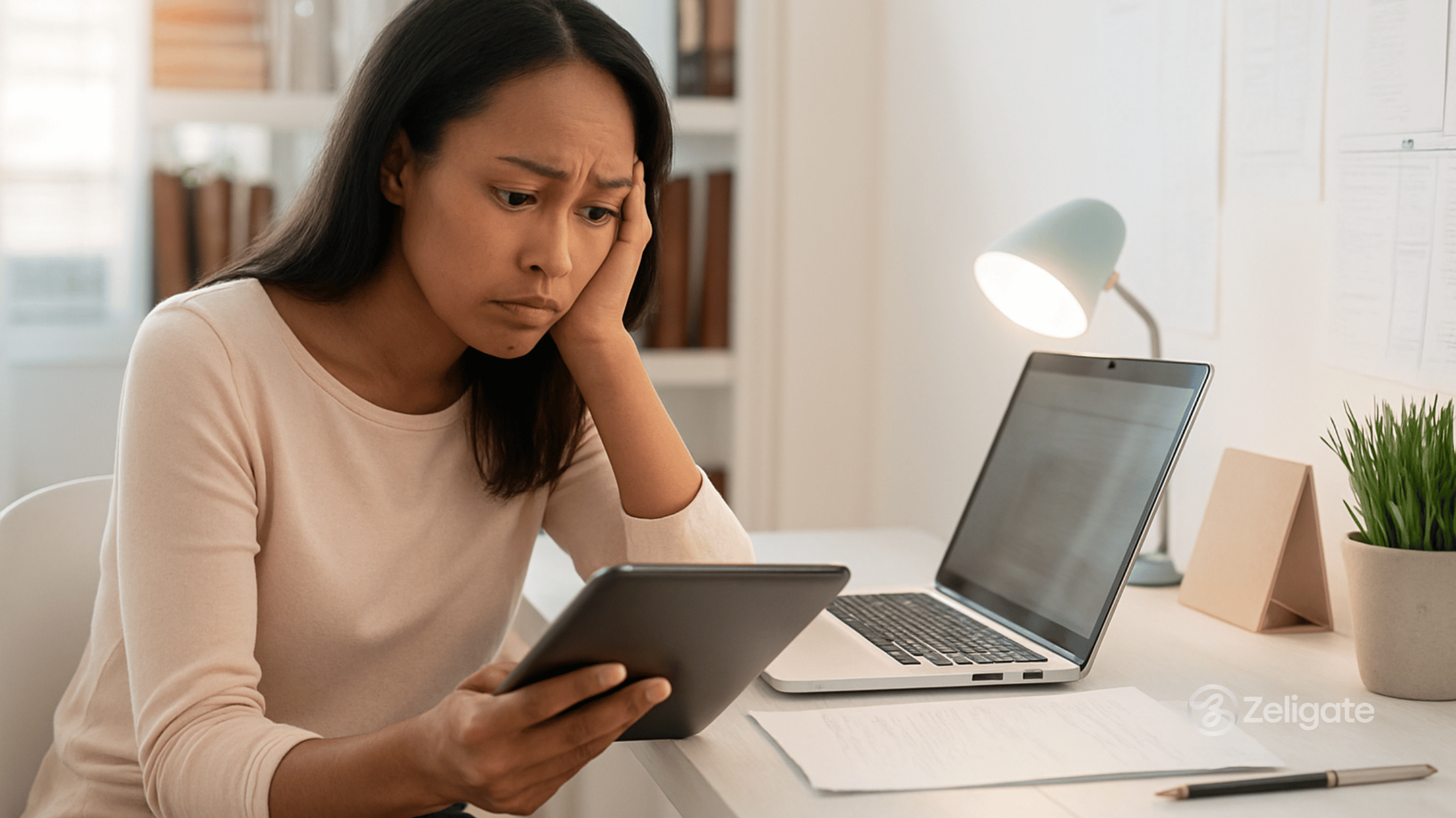 Frustrated job seeker sitting at a desk with a laptop and tablet, reflecting poor candidate experience and communication delays in the hiring process.