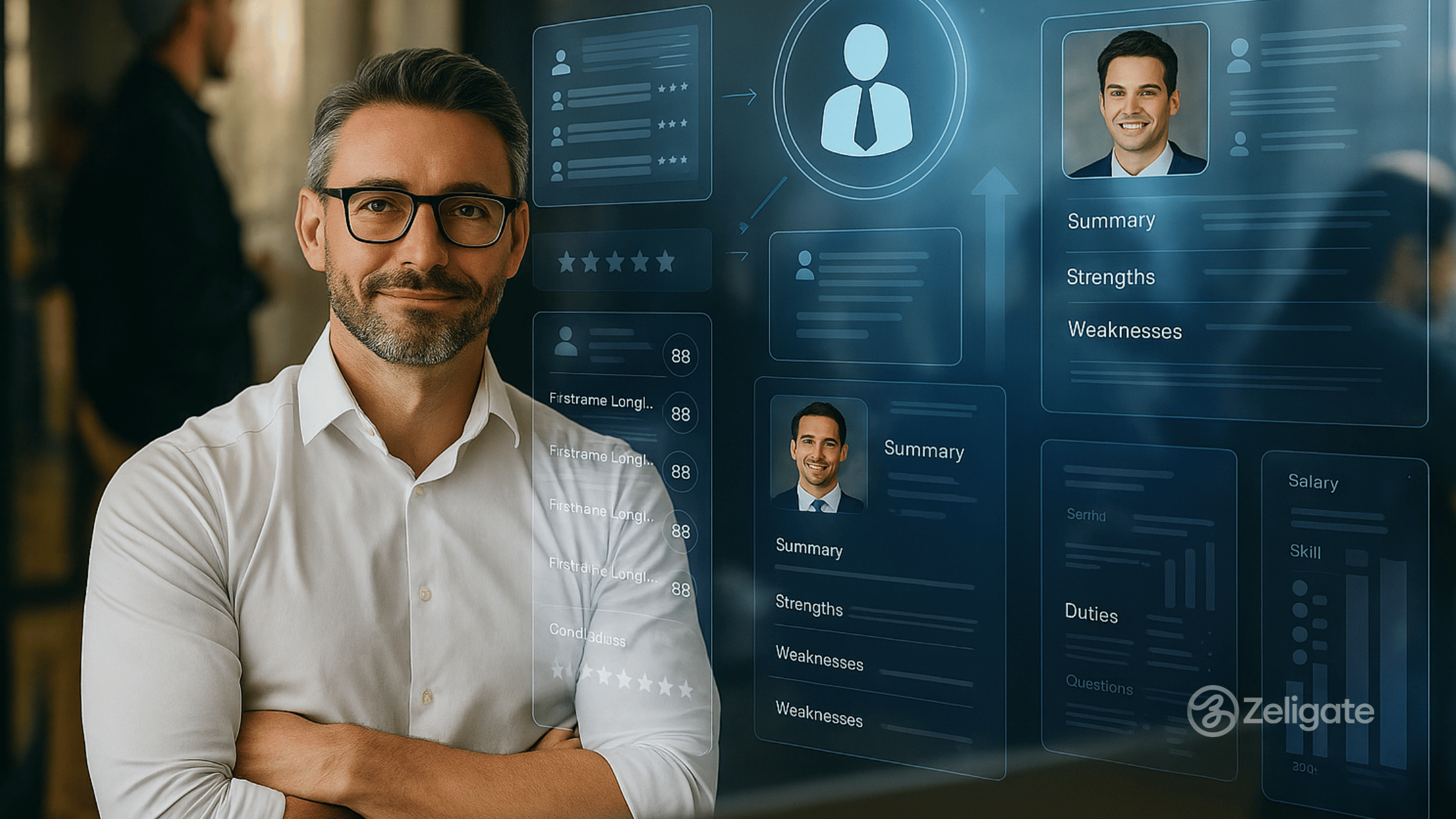Confident recruiter standing beside a digital hiring dashboard with candidate profiles and AI-driven assessments, symbolising fair and data-driven recruitment.