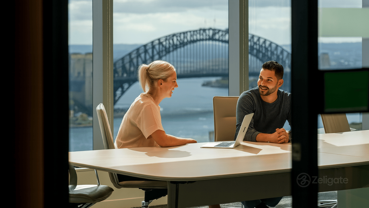 Two professionals collaborating in a modern Sydney office with the Harbour Bridge in the background, symbolising teamwork, AI co-worker innovation, and Zeligate’s role in transforming business workflows.