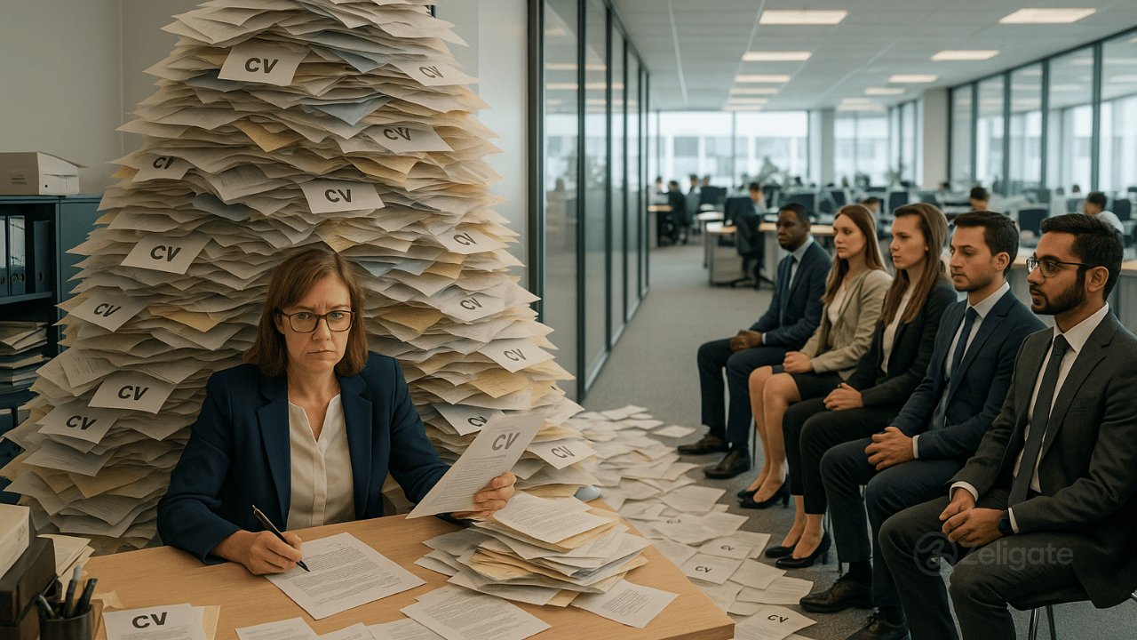 Recruiter overwhelmed by a huge pile of CVs while candidates wait, symbolising the inefficiency of manual hiring compared to automated recruitment solutions.